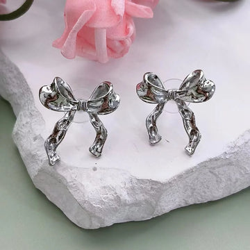 DAIIIBABYYY  -  Korean Fashion Ribbon Bow-knot Earrings for Women Cute Bow Metal Stud Earring Girls Charm Wedding Party Jewelry Gift